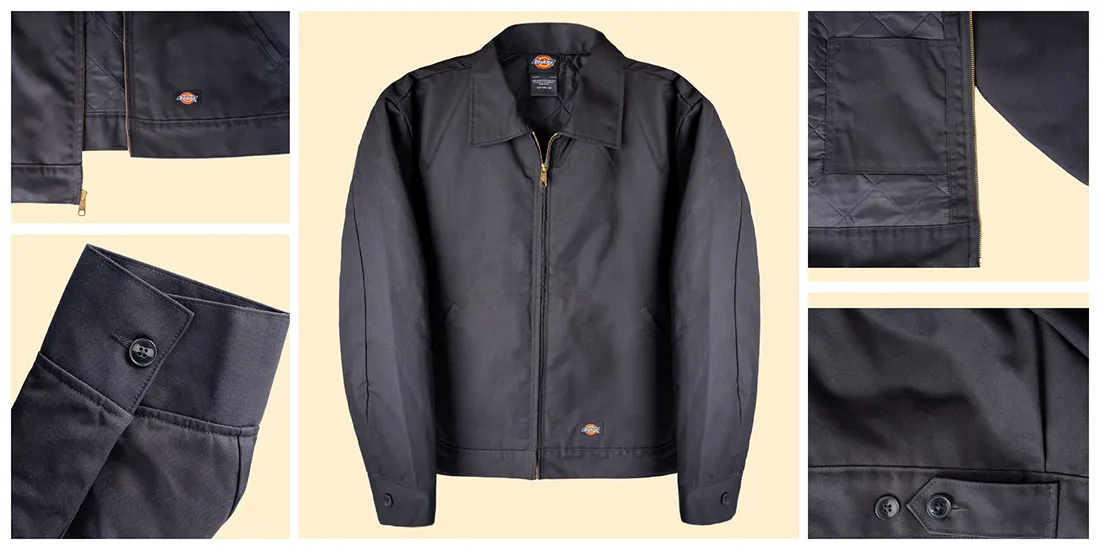 Moderne Produktfotografie – Dickies-Jacke stilvoll präsentiert mit Fokus auf Qualität und Details Produktfoto einer Dickies-Jacke – freigestellt auf farbigem Hintergrund mit Detailansichten von Material, Verarbeitung und extra features